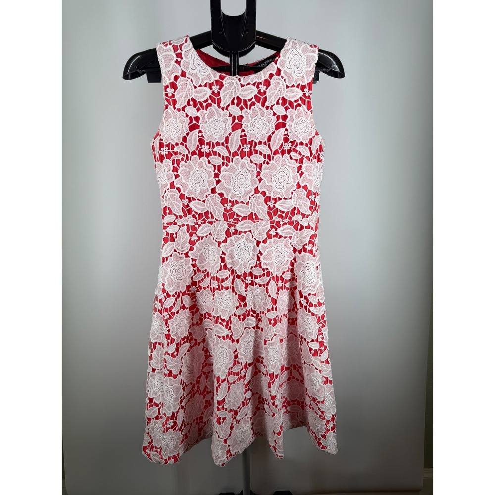 Karl Lagerfeld Paris Red White Floral Lace Fit Flare‎ Dress Sleeveless S